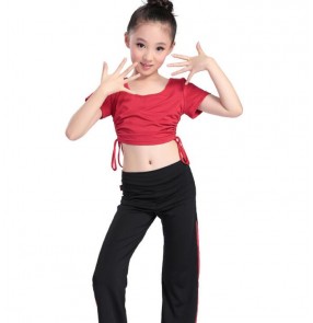 Red fuchsia hot pink blue cotton tops and long pants girls children kids school play performance gymnastics sports cheer leading costumes outfits sets
